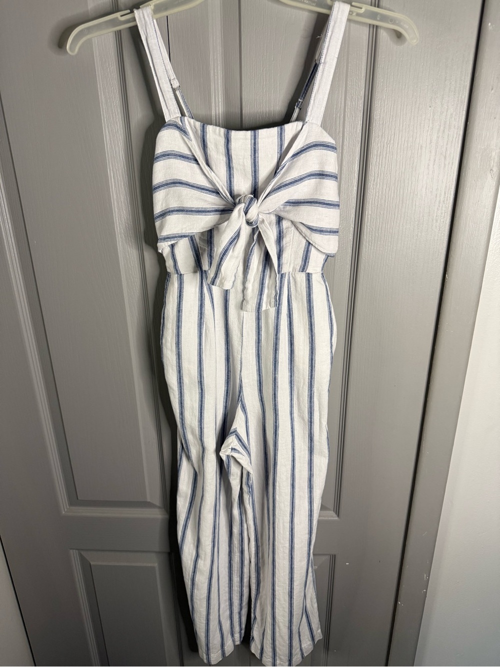 Abercrombie & Fitch White and Blue Striped Tie-Front Jumpsuit